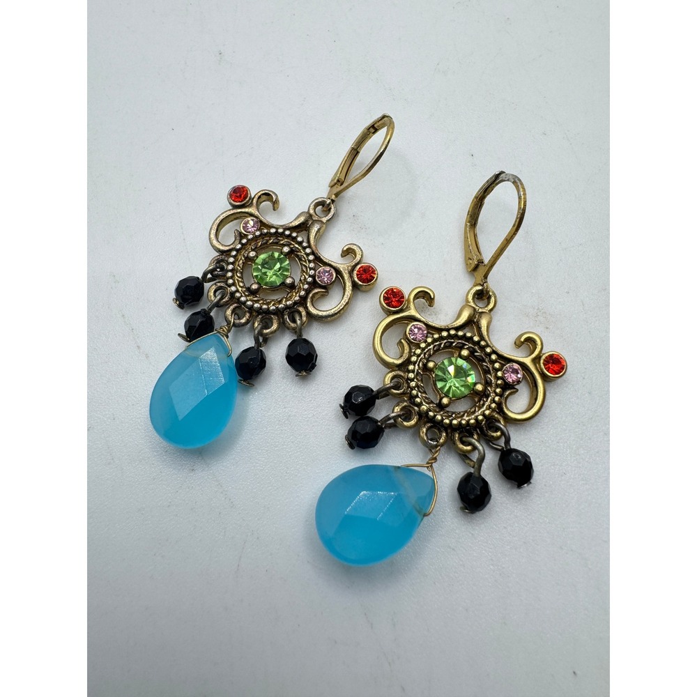 Vintage Style Gold Tone Blue Teardrop Chandelier Earrings Rhinestone Leverback